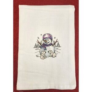 Snowman  Polar Bears Winter Christmas Holiday Embroidered Cotton Flour Sack Towe